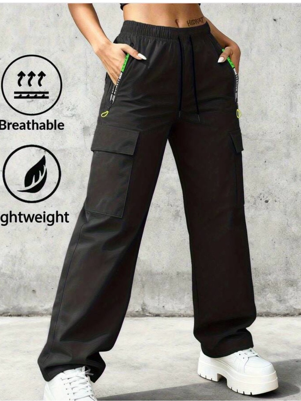 Breathable Black Cargo Wide-Leg Pants - Women